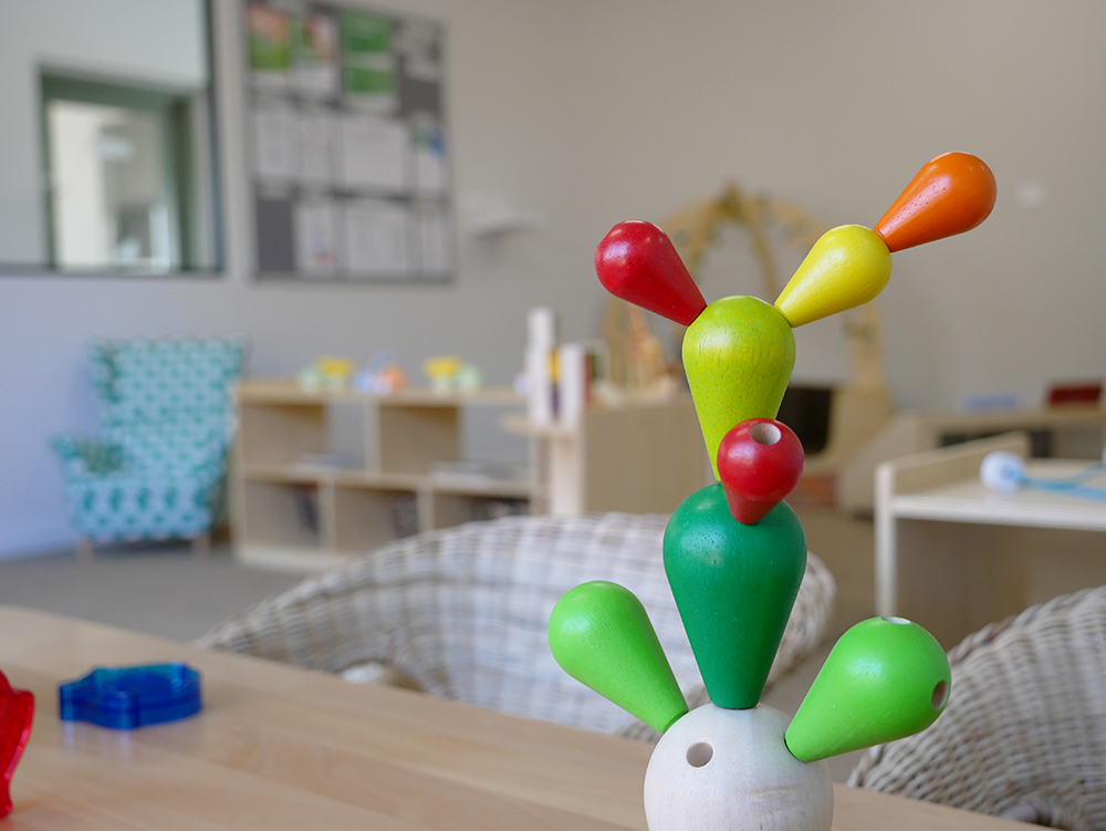 Colorful wooden balancing cactus toy in a playroom at Brabham childcare centre