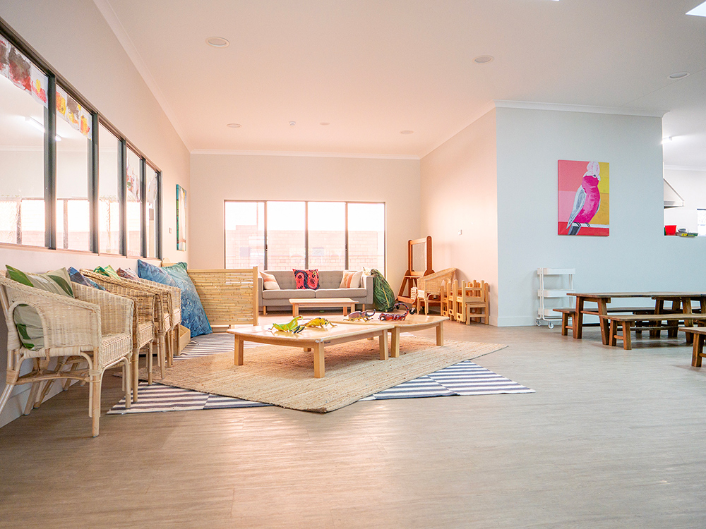 Spacious, light-filled learning room with natural timber furniture at Kalgoorlie childcare centre