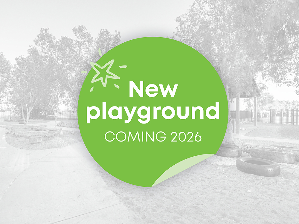 A promotional graphic announcing a new playground coming in 2026, overlaid on a greyscale photo of an existing children's play area