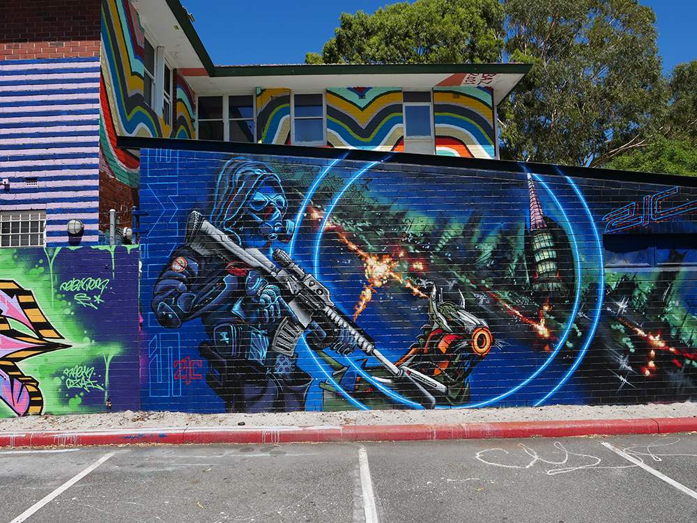 Large scale street art mural on wall at the Y HQ in Leederville