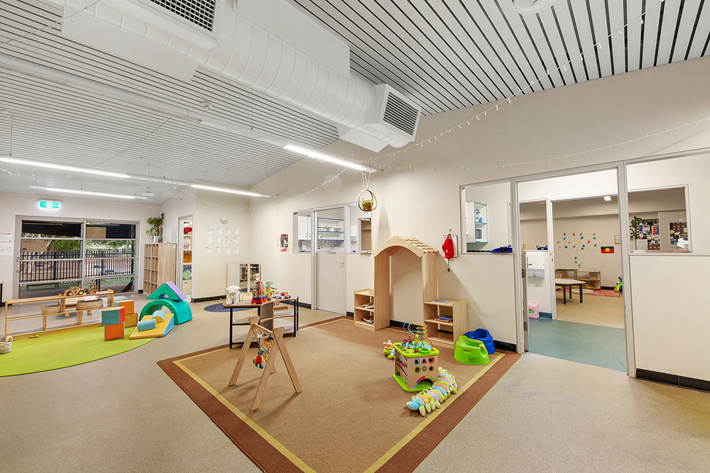Childrens play room with blocks, toys and foam play equipment