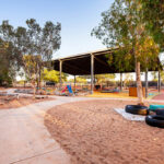 Outside play area with play equipment, slides and toys