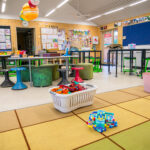 Spacious Y WA OSHC room with flexible seating, activity tables, building blocks and planet display