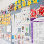 OSHC display wall with children's handprint art, sun crafts and Y WA behaviour agreement