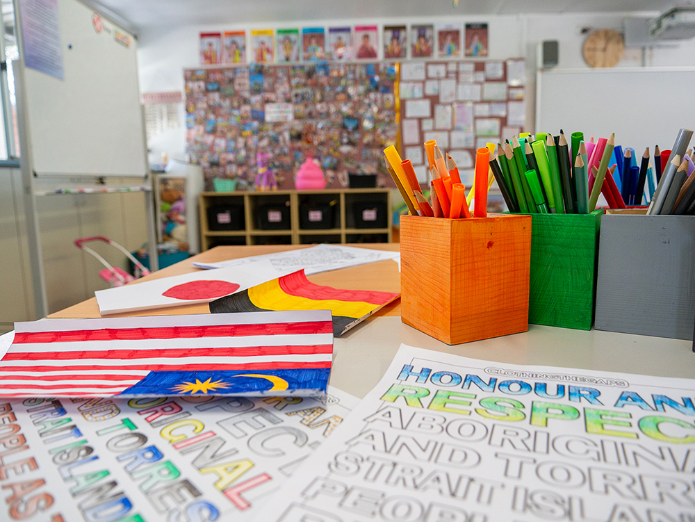 OSHC multicultural art activity with children's flag drawings and Indigenous respect colouring sheets