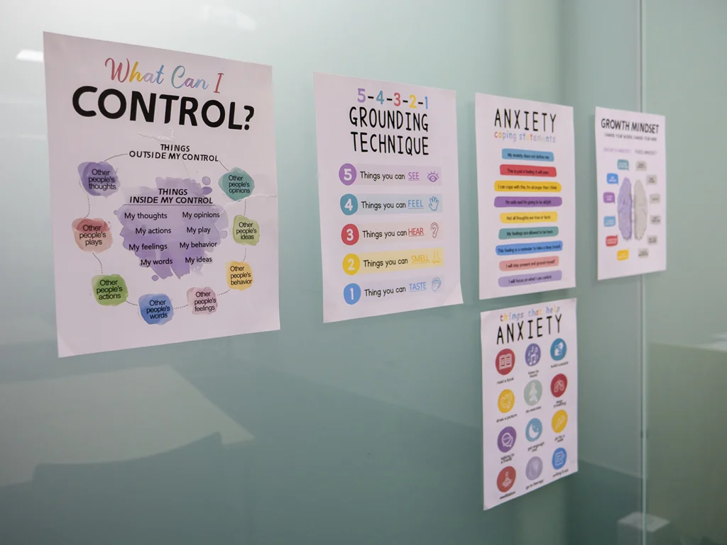 5 colourful posters on a classroom wall about control, grounding techniques, anxiety and growth mindset
