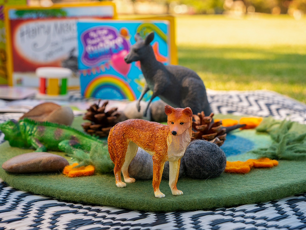 Close up image of age appropriate childrens animal figurines and toys such as a dingo, kangaroo and lizard