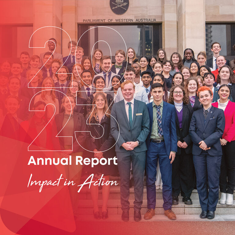 Cover of the Y WA 2023 Annual Report featuring a group of young people standing on the steps infront of the Parliament of Western Australia, with the tagline Impact in Action