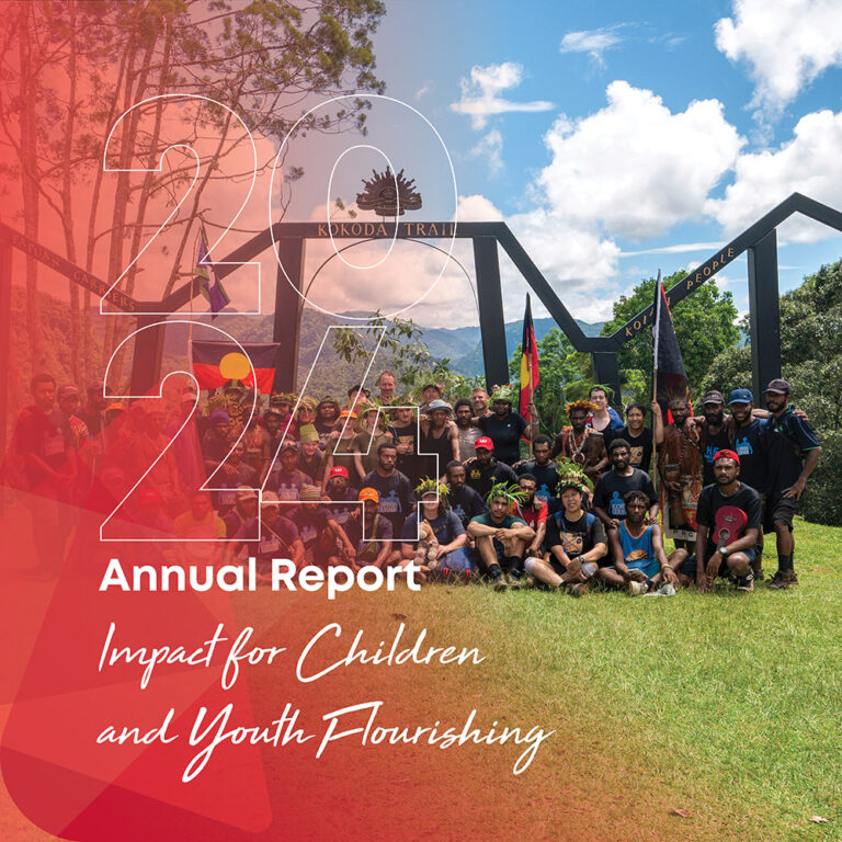 Cover of the Y WA 2024 Annual Report featuring a group of young people on the Kokoda Trek, with the tagline Impact for Children and Youth Flourishing